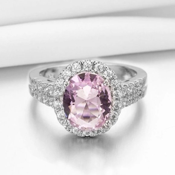 925 Sterling Silver Luxury Pink Crystal Shiny Rhinestone Ring Jewelry En… - Picture 2 of 5